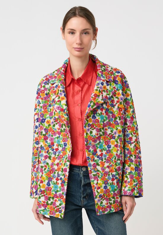 Péro Cotton & Silk Smocked Floral Pattern Coat in Red, Green & Blue