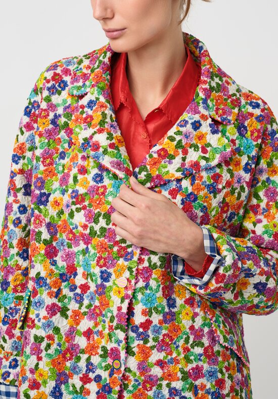 Péro Cotton & Silk Smocked Floral Pattern Coat in Red, Green & Blue