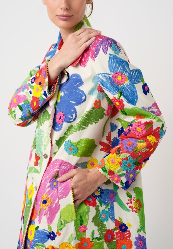 Péro Cotton & Silk, Hand-Beaded, Illustrative Floral Print Double-Breasted Coat in Off-White, Pink, Green & Blue