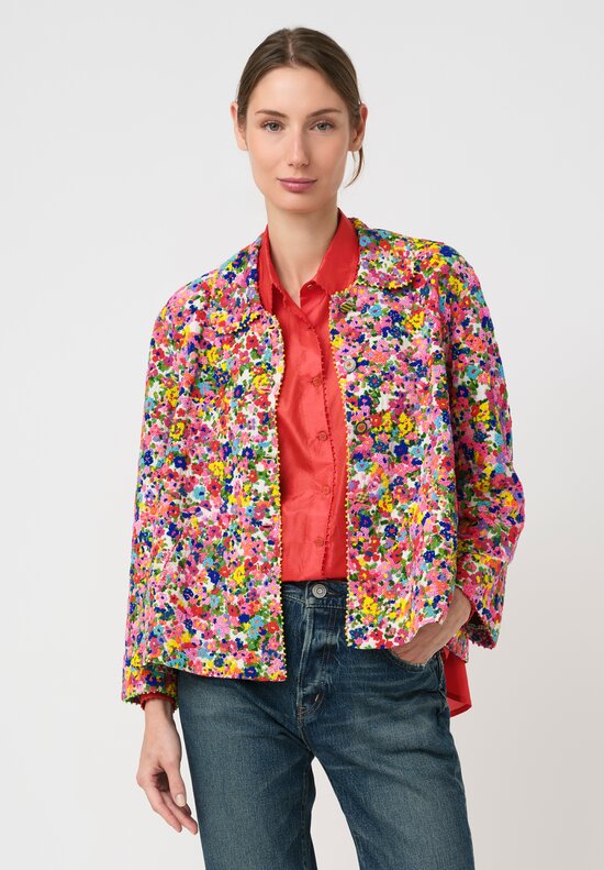 Péro Cotton & Silk Hand-Embroidered Floral Bead Pattern Jacket in Pink, Blue & Yellow