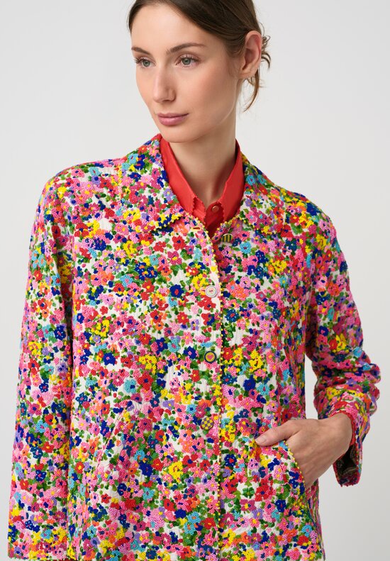 Péro Cotton & Silk Hand-Embroidered Floral Bead Pattern Jacket in Pink, Blue & Yellow