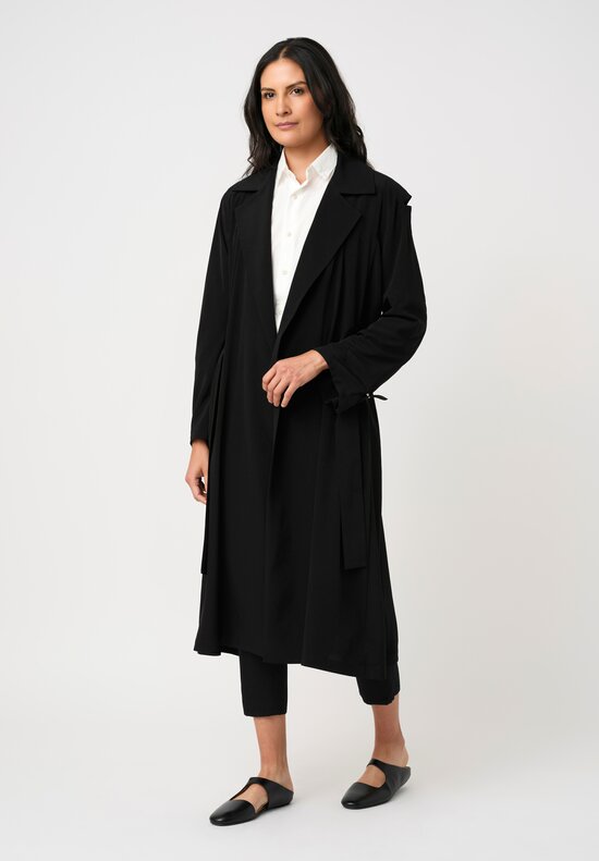 Yohji Yamamoto Crêpe de Chine Wrap Trench Coat with Cut-Out Shoulder Details in Black