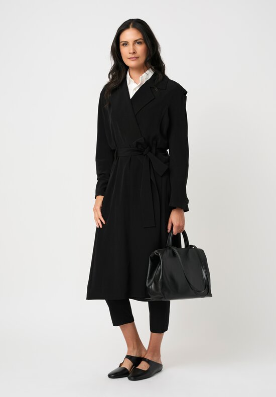 Yohji Yamamoto Crêpe de Chine Wrap Trench Coat with Cut-Out Shoulder Details in Black
