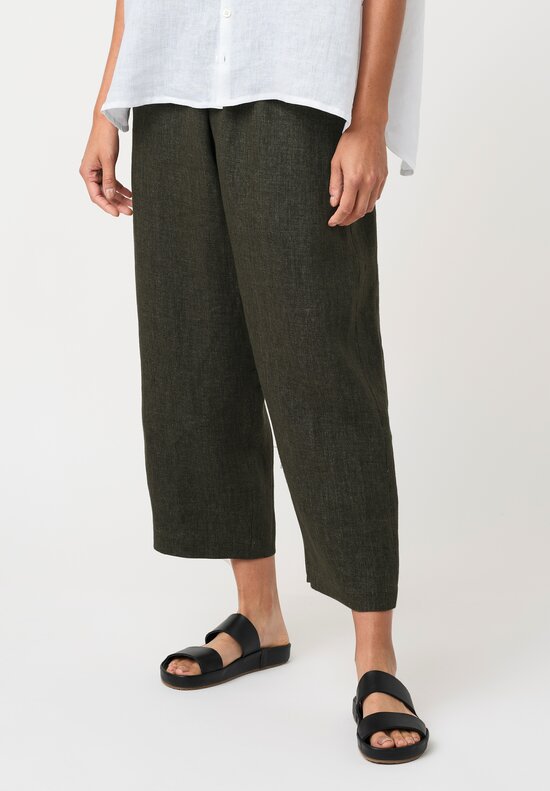Eskandar Délavé Linen Pull-On Japanese Pants in Dark Olive Green
