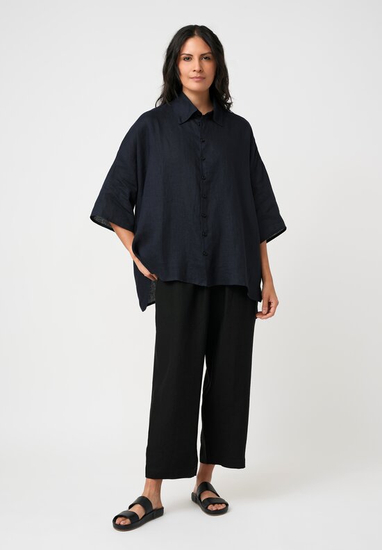 Eskandar Lightweight Linen Pull-On Japanese Pants in Black