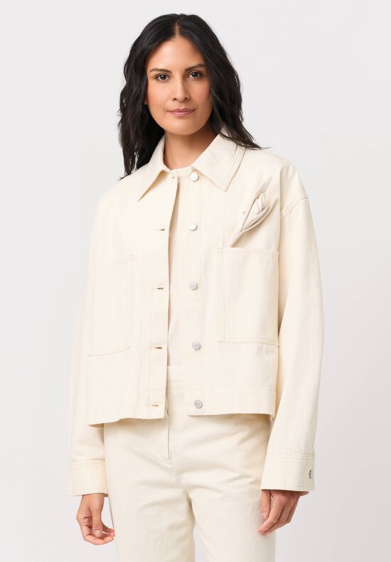 Erdem Cotton Denim & Floral Brooch Jacket in Ecru Cream