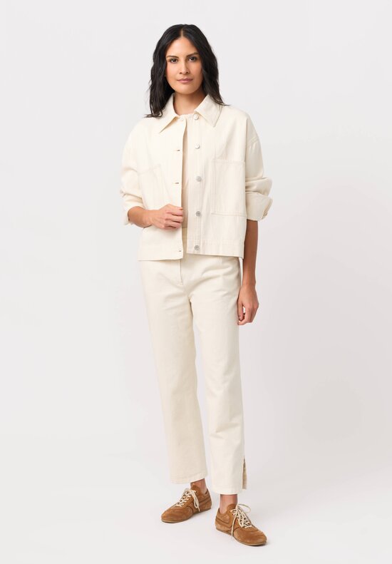 Erdem Cotton Denim & Floral Brooch Jacket in Ecru Cream