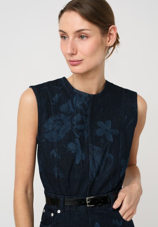 Erdem 17C Dutch Floral Laser Print Cotton Denim Sleeveless Dress in Indigo Blue