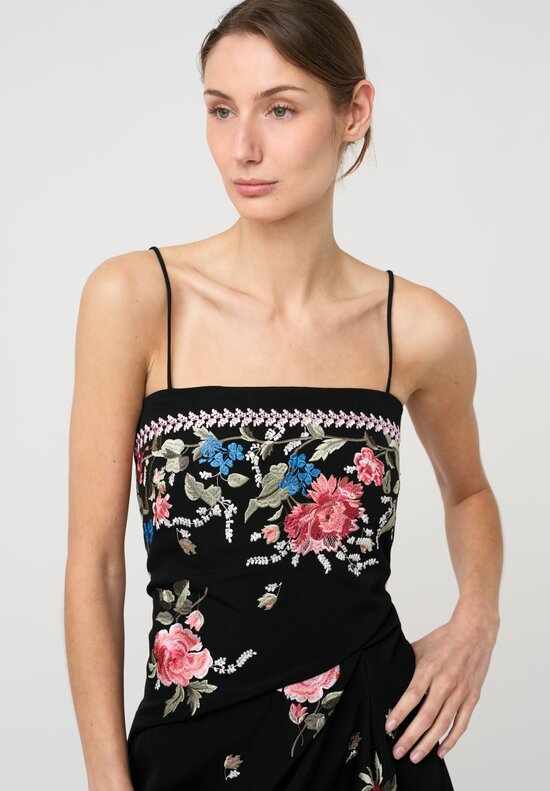 Erdem Floral Embroidered Grain de Poudre Cascading Midi Dress in Black