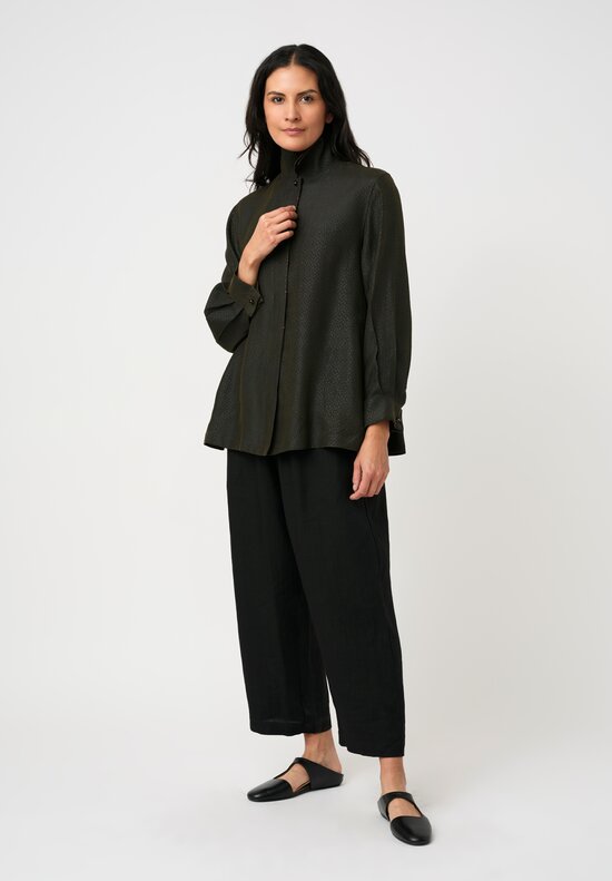 Sophie Hong Pebble Embossed Mud Silk Button-Down Shirt in Olive Green