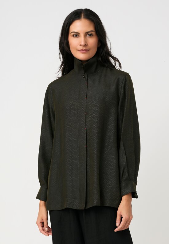 Sophie Hong Pebble Embossed Mud Silk Button-Down Shirt in Olive Green