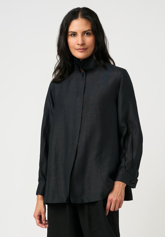 Sophie Hong Pebble Embossed Mud Silk Button-Down Shirt in Blue Black