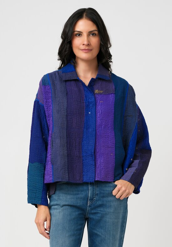 Mieko Mintz Cotton & Silk Paneled Kantha Shirt Jacket in Blue, Purple & Gold