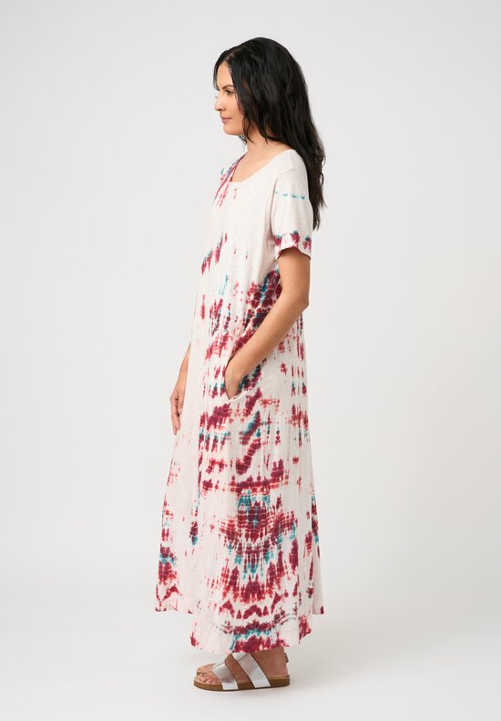 Gilda Midani Cotton Pattern-Dyed Short Sleeve Maria Dress in Laal Red & Teal Tyde