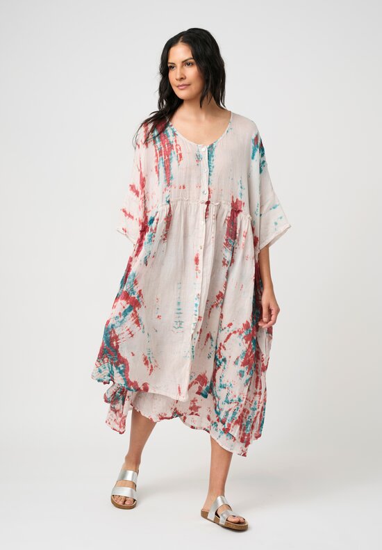 Gilda Midani Linen Pattern-Dyed Overdress in Laal Red & Teal Tyde