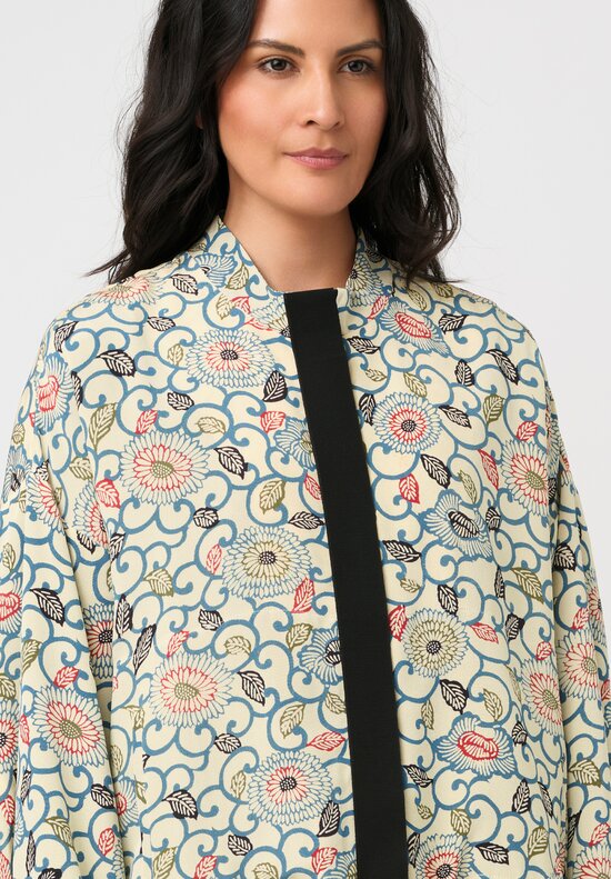 Ibrigu Silk Chirimen Komon Kimono Bomber Jacket in White & Blue Peony Swirl 