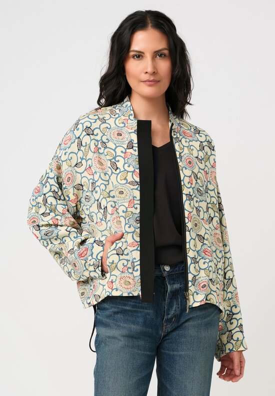 Ibrigu Silk Chirimen Komon Kimono Bomber Jacket in White & Blue Peony Swirl 