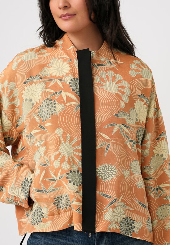 Ibrigu Silk Chirimen Komon Kimono Bomber Jacket in Peach Pink Floral Swirl