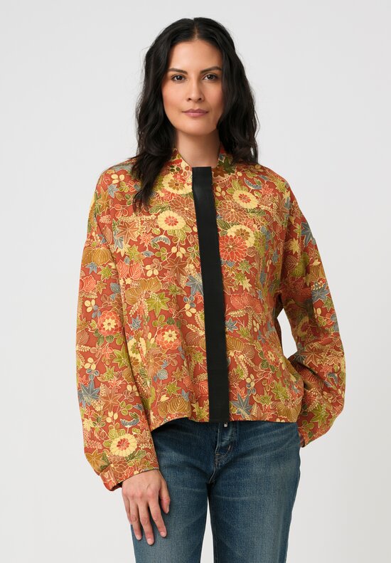 Ibrigu Silk Chirimen Komon Kimono Bomber Jacket in Terracotta Red Autumn Leaves