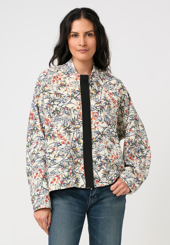 Ibrigu Silk Chirimen Komon Kimono Bomber Jacket in White & Blue Bamboo