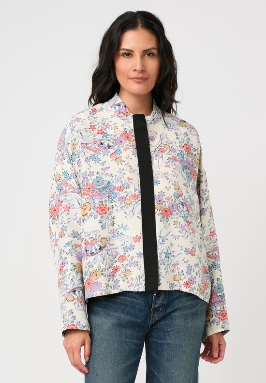 Ibrigu Silk Chirimen Komon Kimono Bomber Jacket in White & Purple Floral