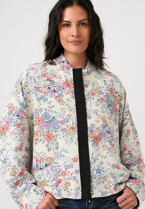 Ibrigu Silk Chirimen Komon Kimono Bomber Jacket in White & Purple Floral