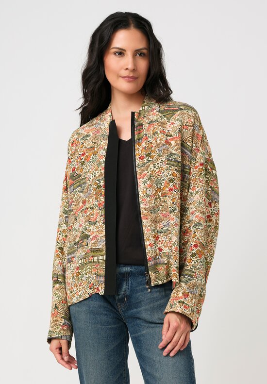 Ibrigu Silk Chirimen Komon Kimono Bomber Jacket in Green & Cream Pagodas