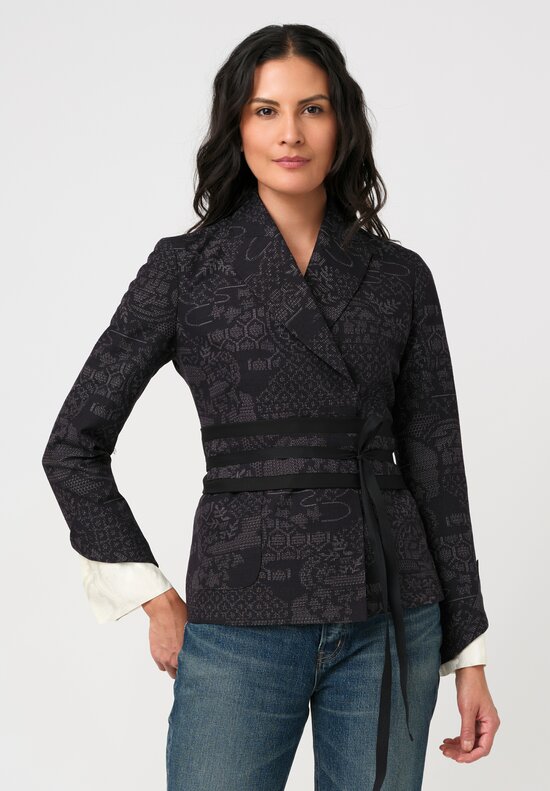Ibrigu Silk Tusumugi Komon Kimono Blazer with Obi Belt in Purple Geometric Landscape