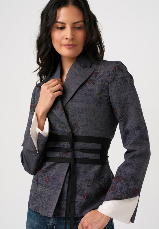 Ibrigu Silk Tusumugi Komon Kimono Blazer with Obi Belt in Blue Grey Faded Florals