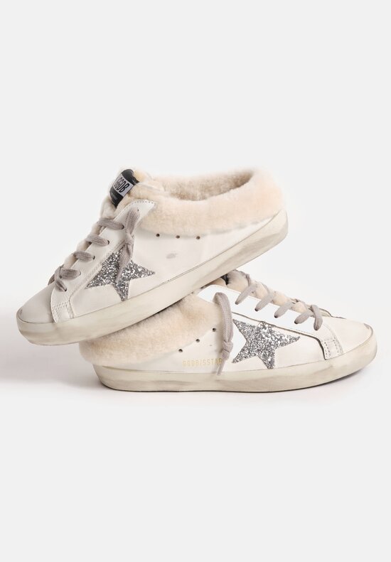 Golden Goose Super Star Shearling Lined Sabot Leather & Glitter Star Mules
