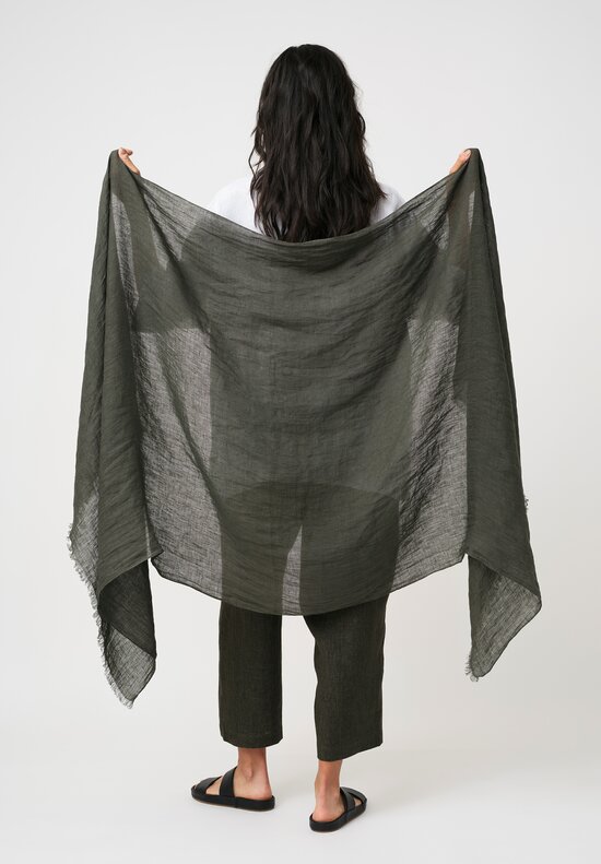 Eskandar Fine Linen Raw Edge Scarf Dark Olive
