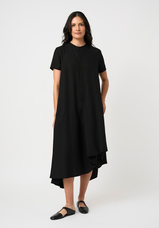 Yohji Yamamoto Satin Half-Placket Paneled Short-Sleeve Dress in Black