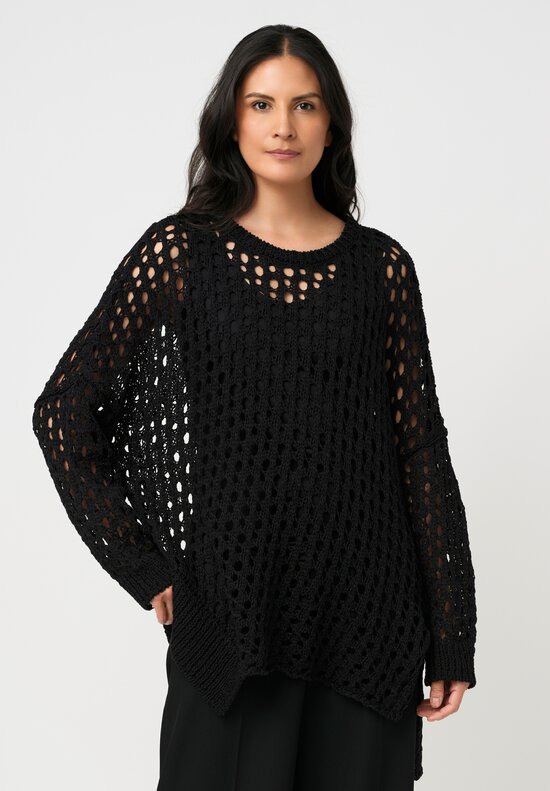 Yohji Yamamoto Cotton Open Knit Asymmetric Pullover in Black