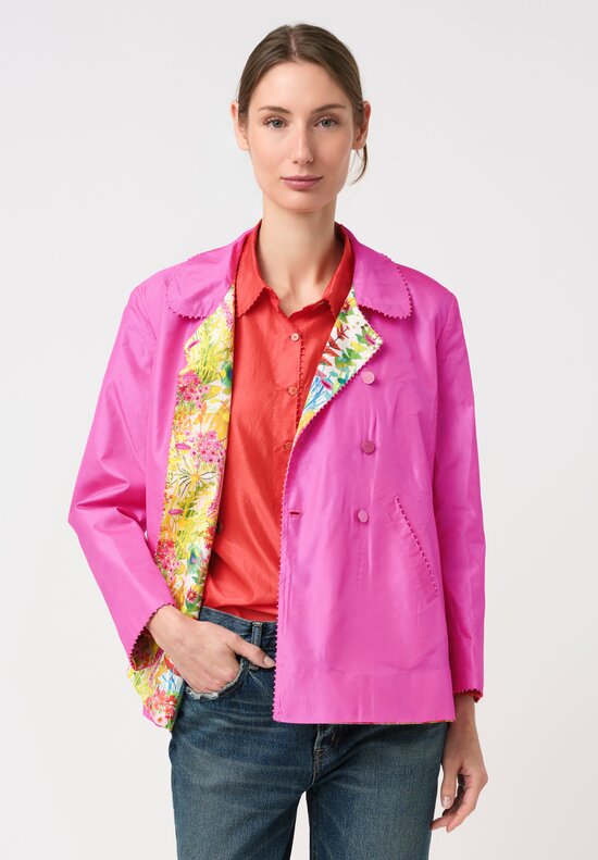 Péro Silk Reversible Double Breasted A-Line Jacket in Magenta Pink & Yellow Floral