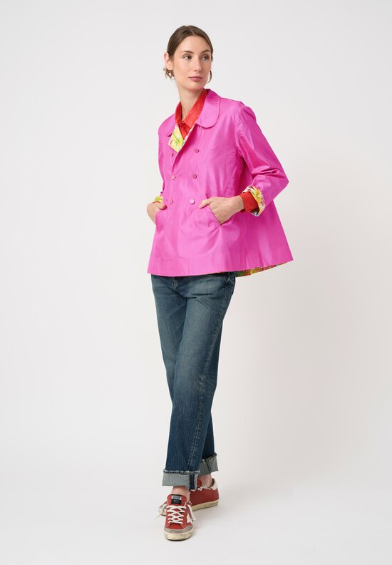 Péro Silk Reversible Double Breasted A-Line Jacket in Magenta Pink & Yellow Floral