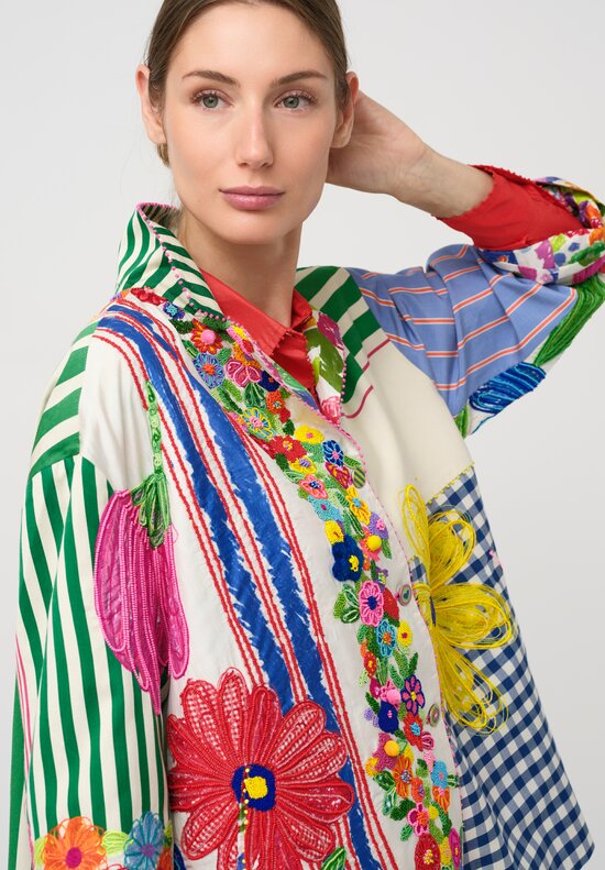 Péro Cotton & Silk SS26 Illustrative Pattern Medley Hand-Embroidered Jacket in Off-White, Green, Blue & Red