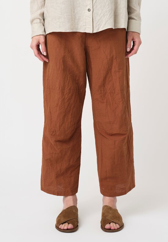 Forme d'Expression Washed Linen & Cotton Skewed 5 Pocket Pants in Toffee Brown