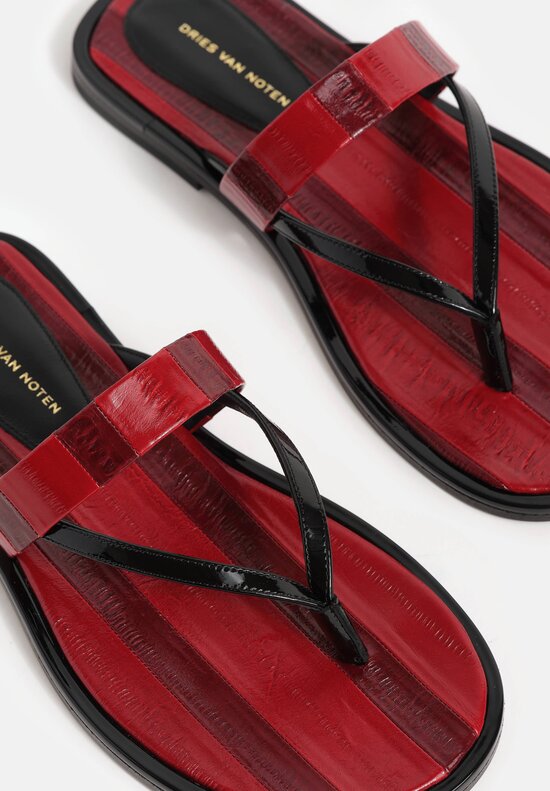 Dries Van Noten Polished Leather Striped Thong Sandal
