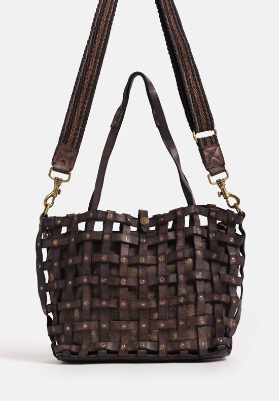 Campomaggi Medium Metallic Laminated Cotton & Studded Leather Cage Valeria Tote Espresso Brown & Bronze