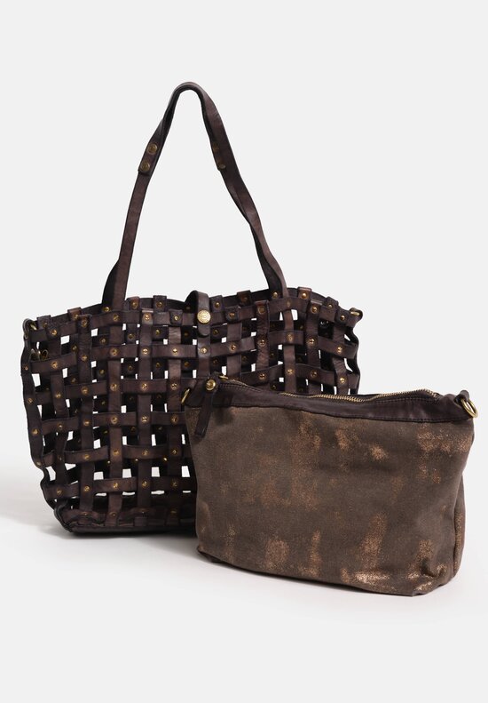 Campomaggi Medium Metallic Laminated Cotton & Studded Leather Cage Valeria Tote Espresso Brown & Bronze