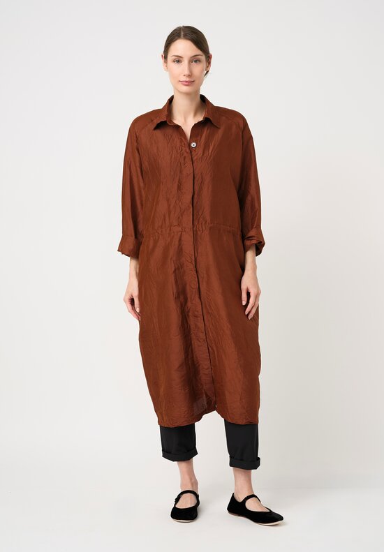 Christian Peau Silk Concealed Button-Down Pleated Dress in Terracotta Brown
