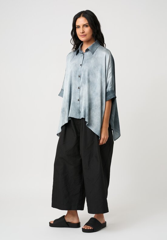 Uma Wang Silk Short Sleeve Button-Down Toto Top in Marbled Steel Blue