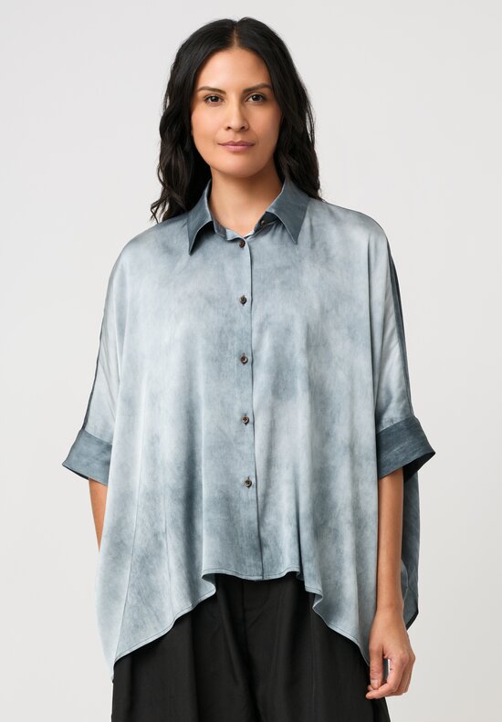 Uma Wang Silk Short Sleeve Button-Down Toto Top in Marbled Steel Blue