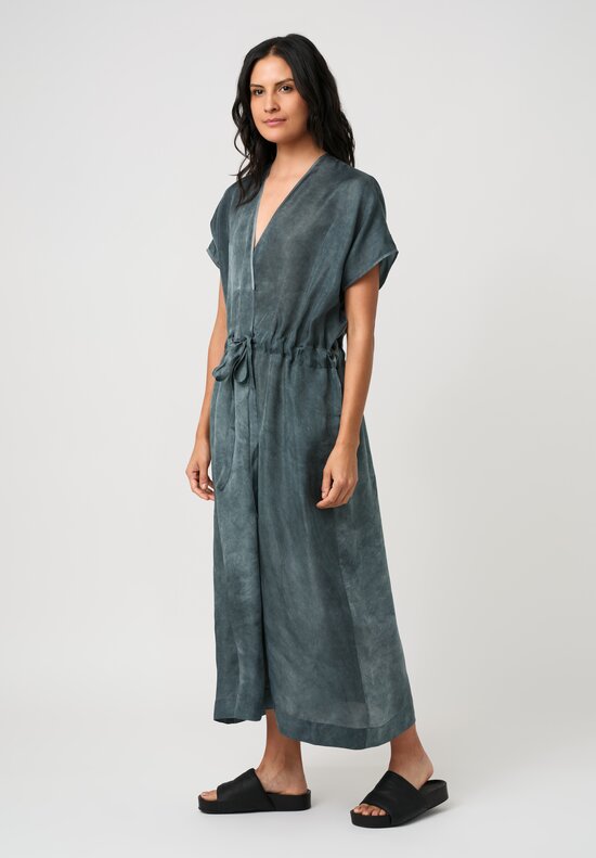 Uma Wang Satin Drawstring Waist Acre Dress in Marbled Steel Blue
