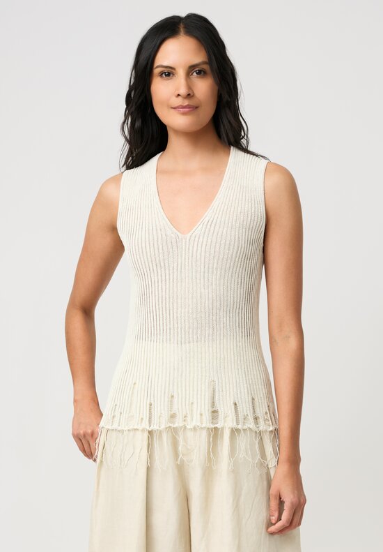 Uma Wang Cotton Ribbed Loose Gauge Knit Distressed V-Neck Top in Off-White