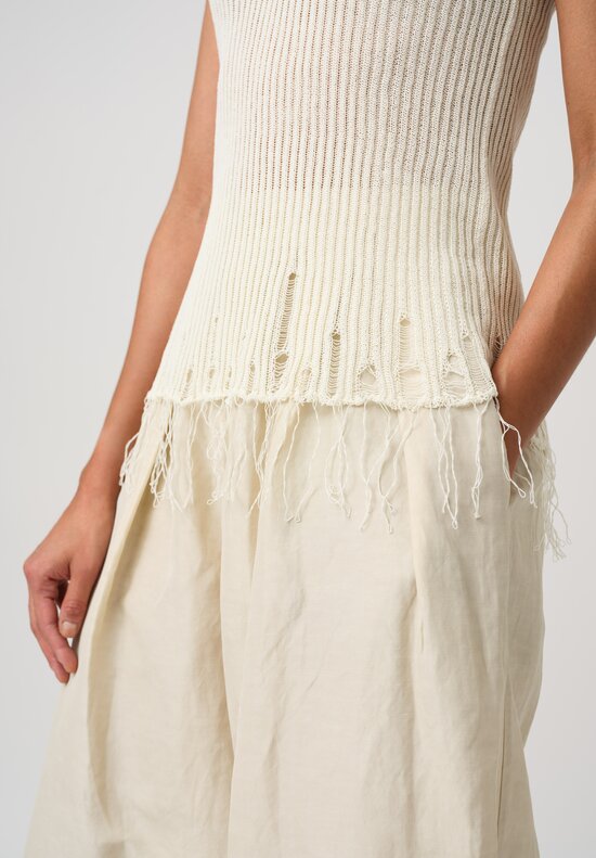 Uma Wang Cotton Ribbed Loose Gauge Knit Distressed V-Neck Top in Off-White