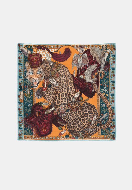 Sabina Savage Cashmere Leopard's Bazaar Scarf in Teal Blue & Turmeric