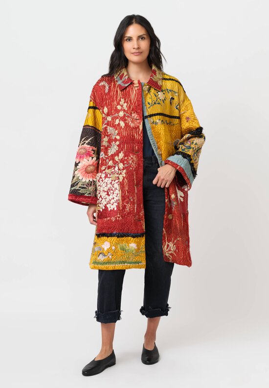 By Walid 19th C. Chinese Embroidered Silk Georgina Coat in Red & Yellow