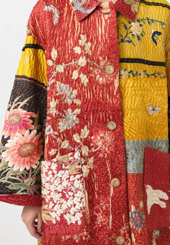 By Walid 19th C. Chinese Embroidered Silk Georgina Coat in Red & Yellow