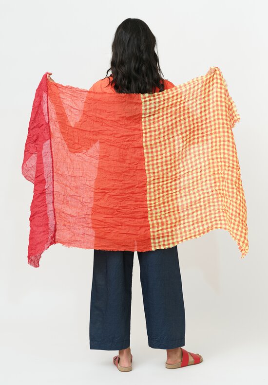 Daniela Gregis Washed Linen Hawaii Gingham Color-Blocked Scarf Red + Orange Mix